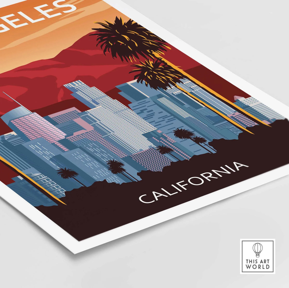 Los Angeles wall art print featuring a vintage skyline design with palm trees and vibrant sunset colors.