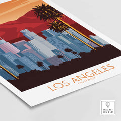 Los Angeles poster print showcasing a minimalist vintage design with palm trees and city skyline.