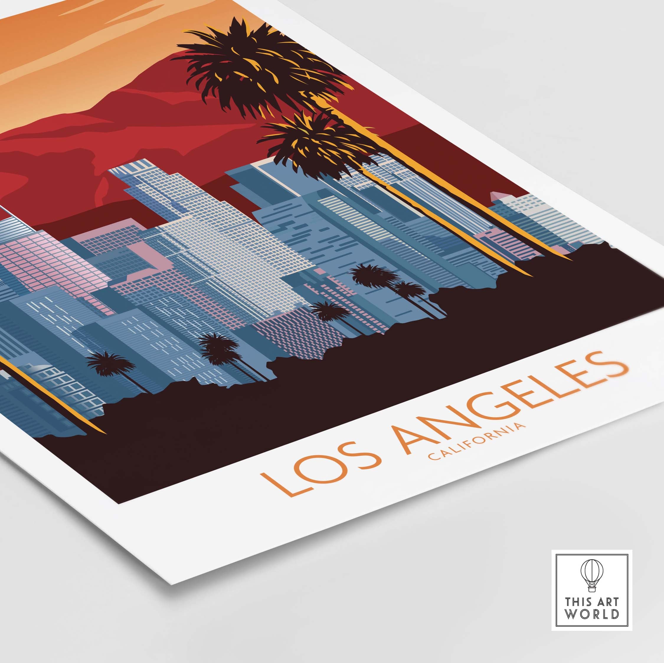 Los Angeles poster print showcasing a minimalist vintage design with palm trees and city skyline.