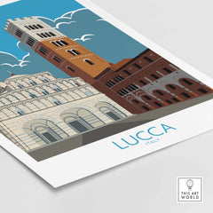 Lucca Print Italy Travel Poster showcasing iconic buildings and blue sky, perfect for stylish home decor.
