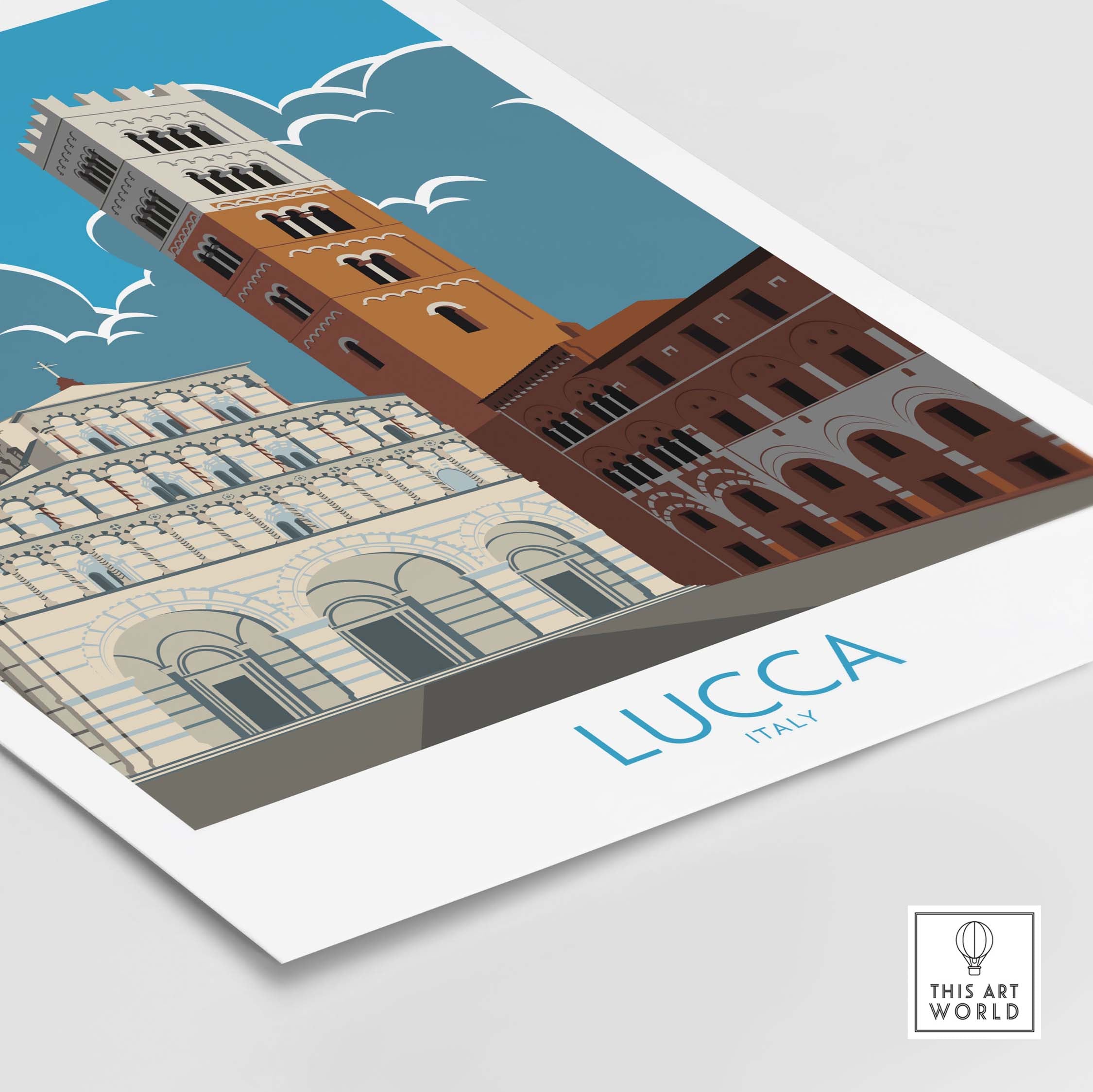 Lucca Print Italy Travel Poster showcasing iconic buildings and blue sky, perfect for stylish home decor.