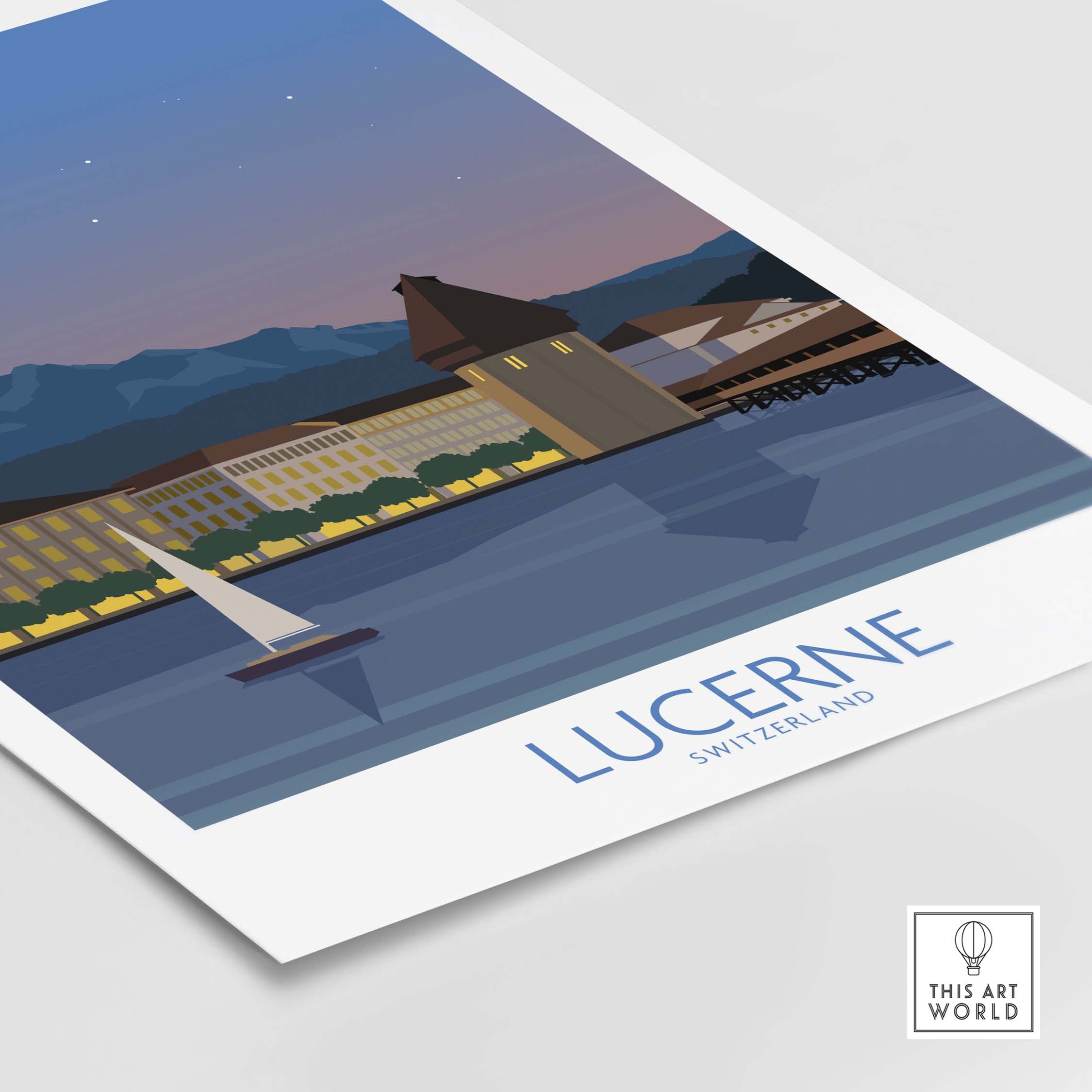 Lucerne Switzerland poster featuring a scenic lake view and mountains, perfect for stylish home or office decor.