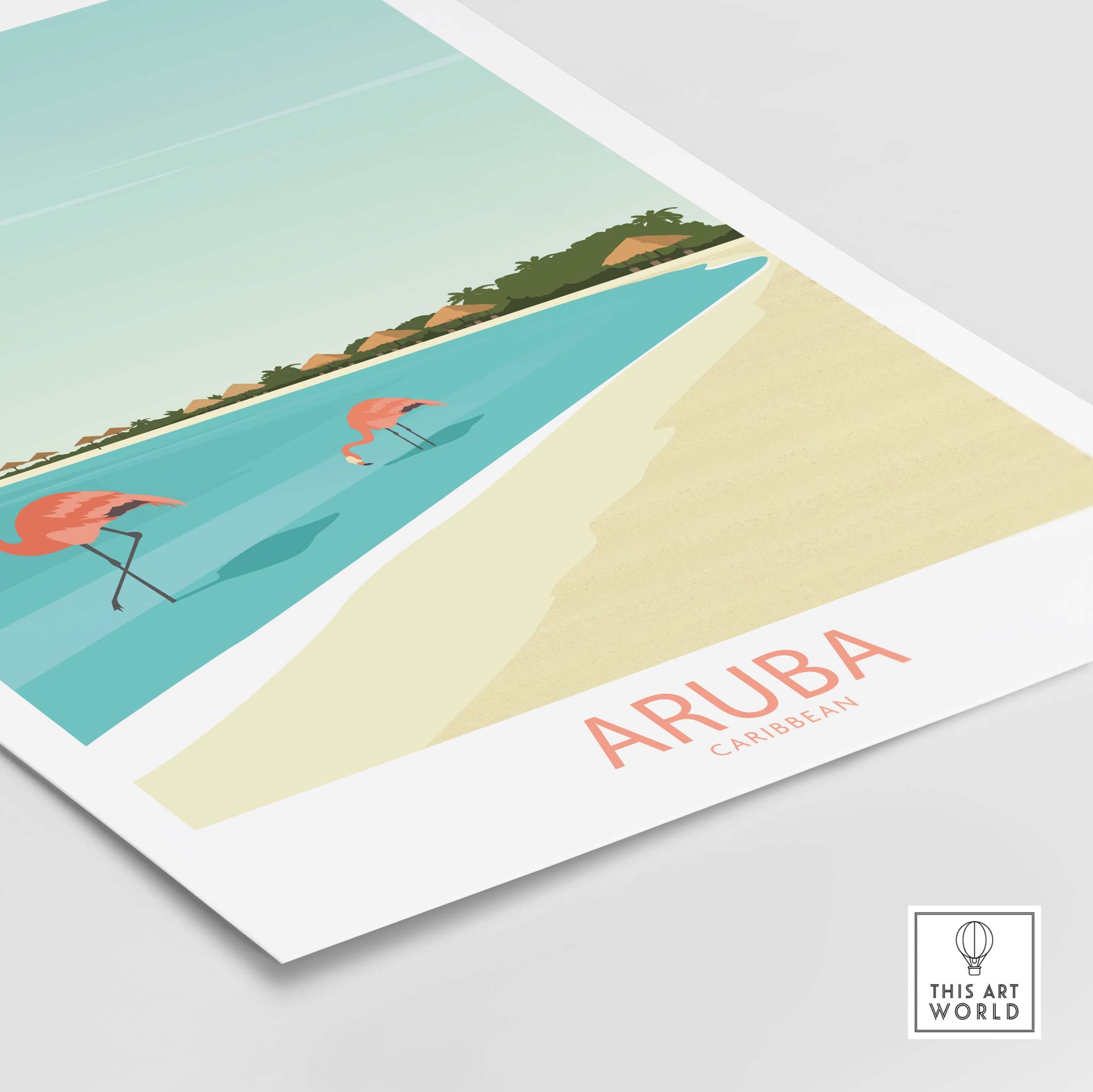 Vintage-style Aruba Caribbean poster featuring flamingos on a beach with minimalist design for stylish wall art.