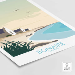 Bonaire Wall Art Print showcasing minimalist beach scene with turquoise water and vintage style text.