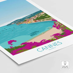 Cannes Print France, minimalist travel poster with vibrant colors depicting the coastline and scenic view.
