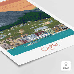 Capri Print | Vintage Italy Travel Poster featuring scenic coastal landscape and stylish design.