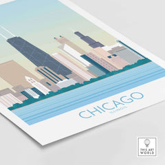 Chicago skyline art print inspired by vintage travel posters, showcasing iconic buildings and serene blue water.