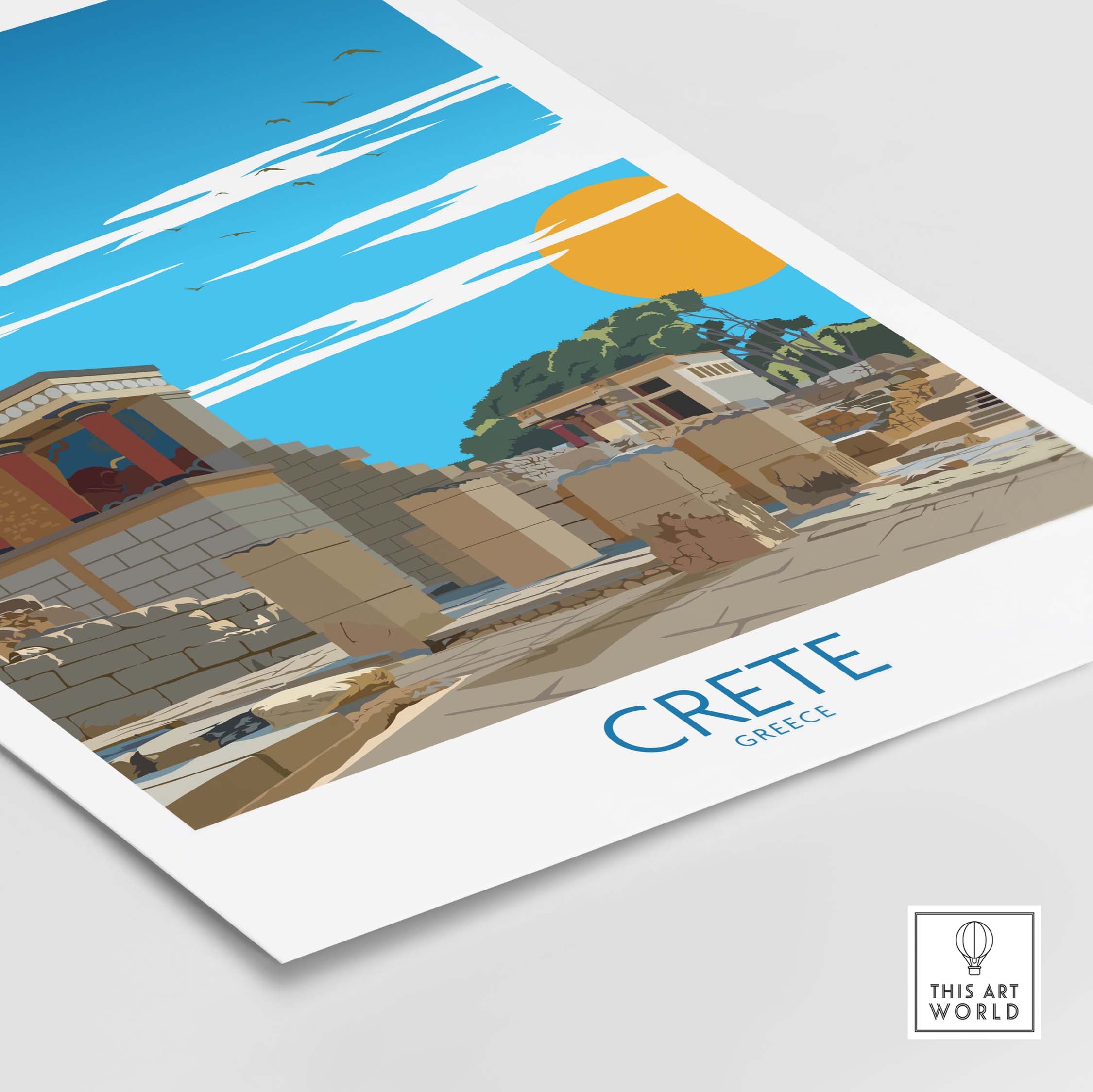 Crete wall art print featuring a minimalist design of ancient ruins and a sunset in Greece.