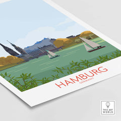 Vintage-inspired Hamburg Germany wall art print featuring boats in a scenic landscape with city buildings.
