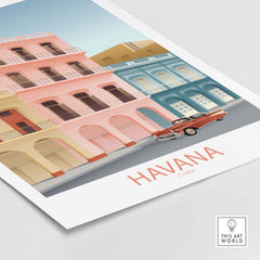 Havana Cuba wall art print featuring vintage-style buildings and classic car, perfect for home or office decor.