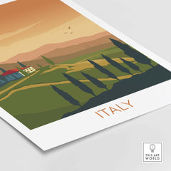 Italy wall art print features a minimalist landscape with rolling hills and cypress trees, perfect for home decor.