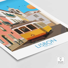 Lisbon wall art print featuring the iconic tram 28 in a vibrant street scene, highlighting Portugal's travel allure.
