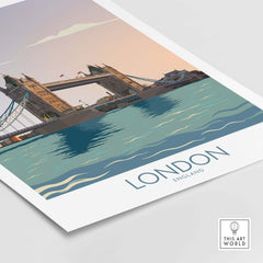 London travel poster featuring Tower Bridge and serene river view in a vintage minimalist style.