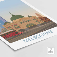 Melbourne poster showcasing a minimalist vintage design of the city with prominent architecture and a tram.