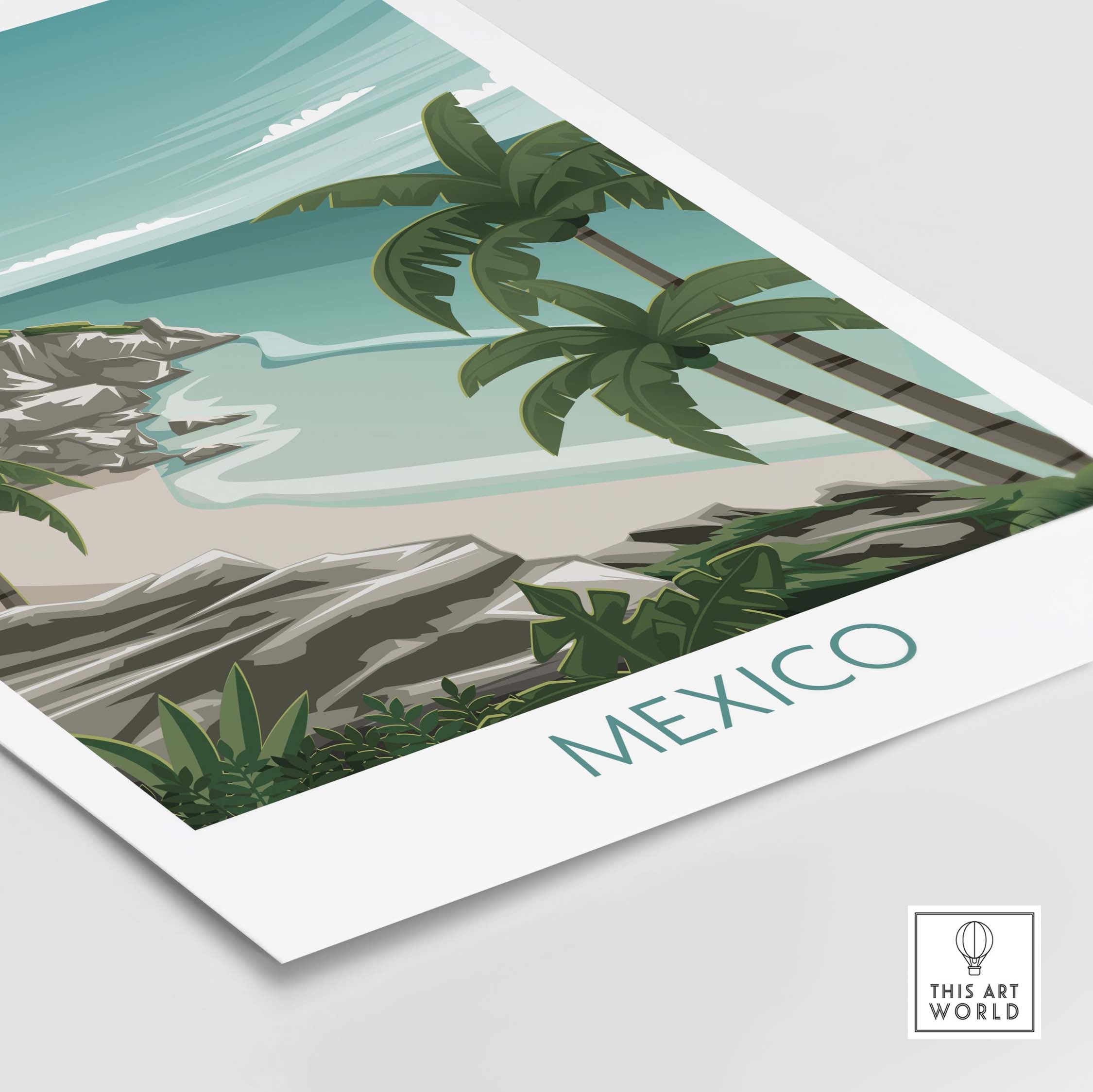 Mexico wall art print featuring a tropical beach with palm trees and rocks, inspired by vintage travel posters.