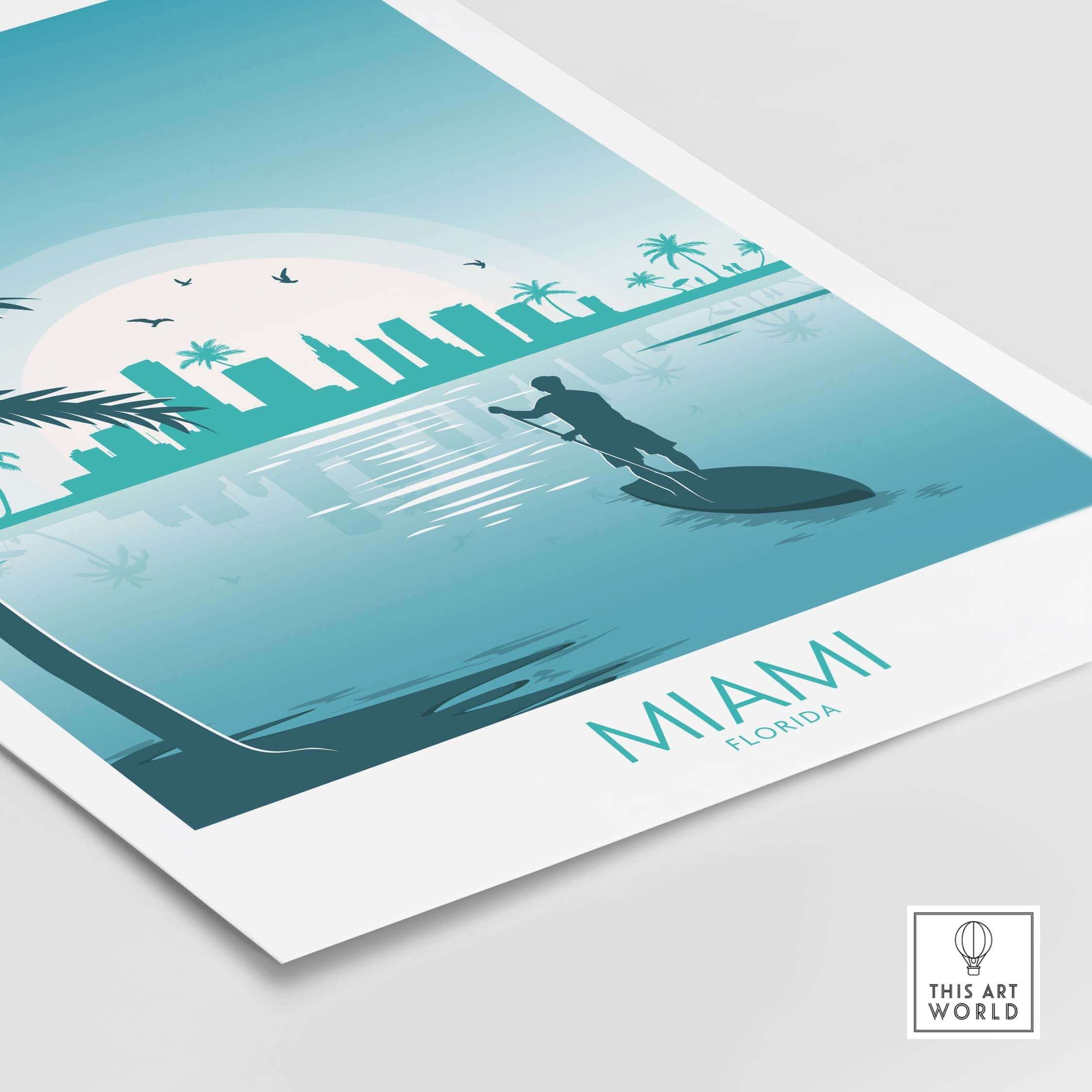 Miami wall art print showcasing a minimalist travel poster design with a serene silhouette of palm trees and a city skyline.