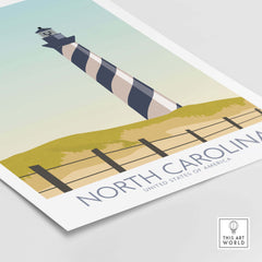 North Carolina Wall Art Print featuring a lighthouse on a beach, minimalist vintage travel poster style.