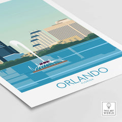 Orlando Wall Art Print featuring a minimalist vintage style cityscape with water fountain and skyline.