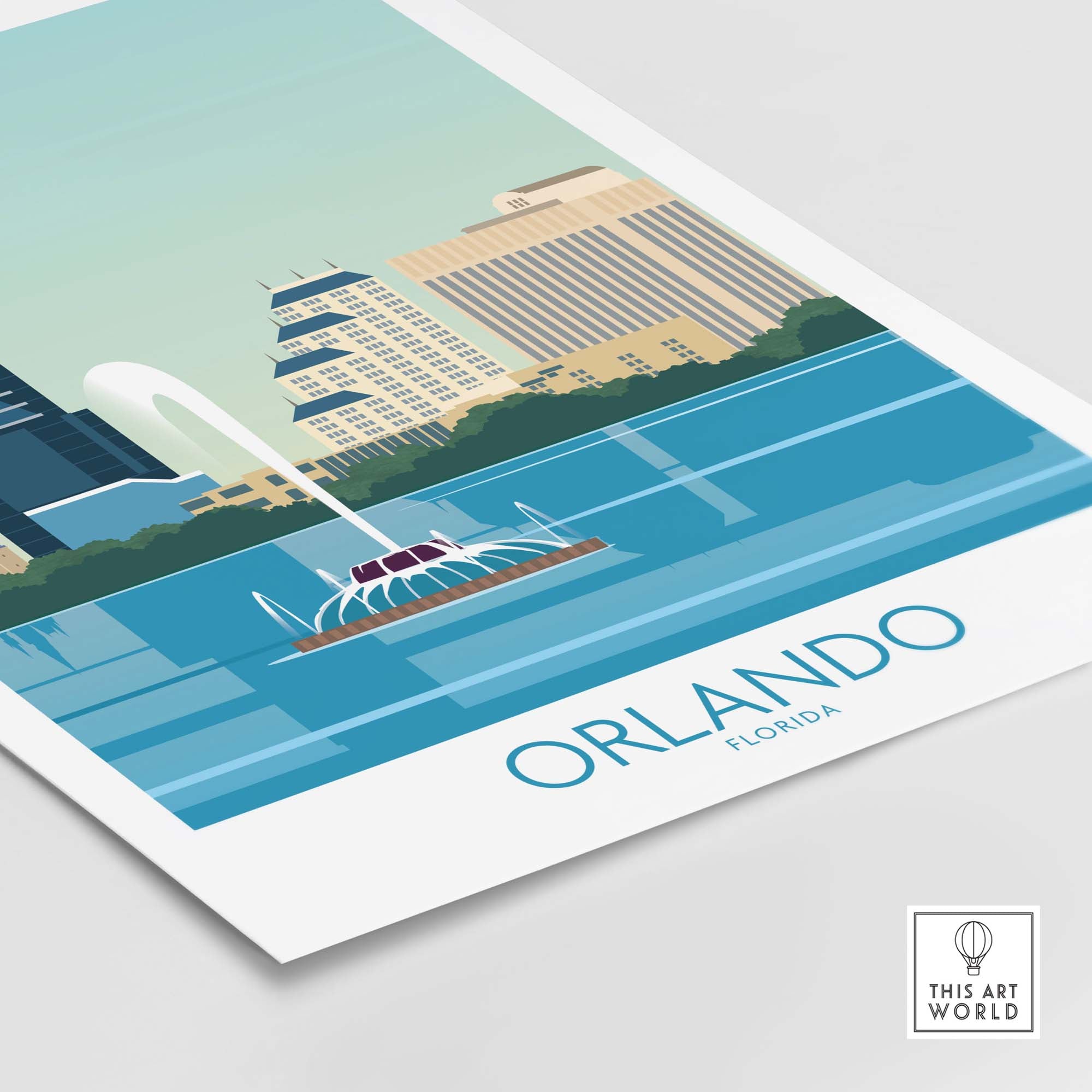 Orlando Wall Art Print featuring a minimalist vintage style cityscape with water fountain and skyline.