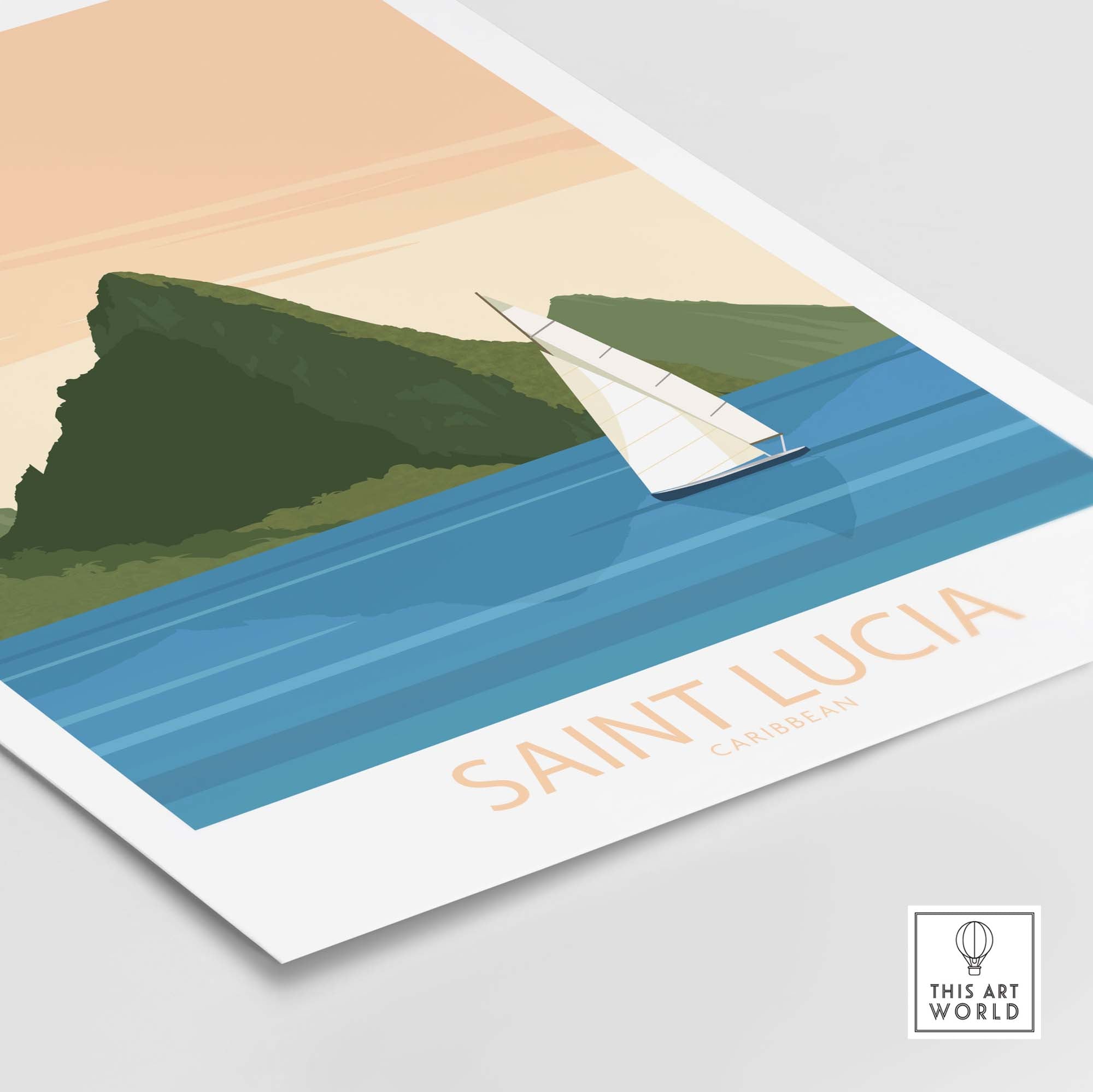 Saint Lucia Caribbean poster featuring a sailboat and lush mountains in a minimalist vintage design.