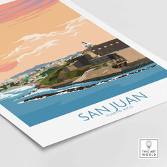 San Juan Puerto Rico vintage travel print with coastal view and pastel colors, perfect for home or office decor.