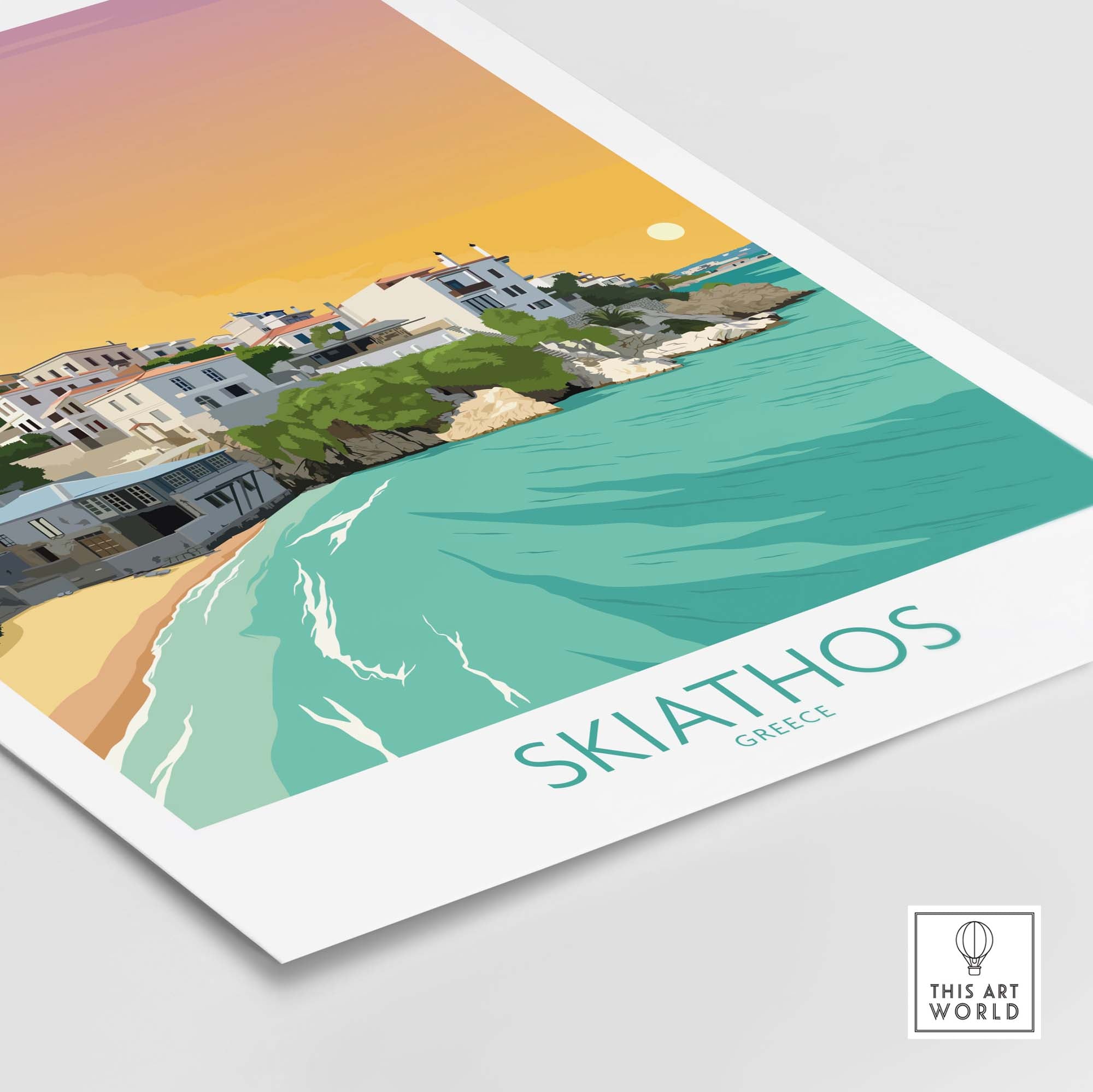 Skiathos wall art print featuring serene coastal view and minimalist design showcasing Greece.
