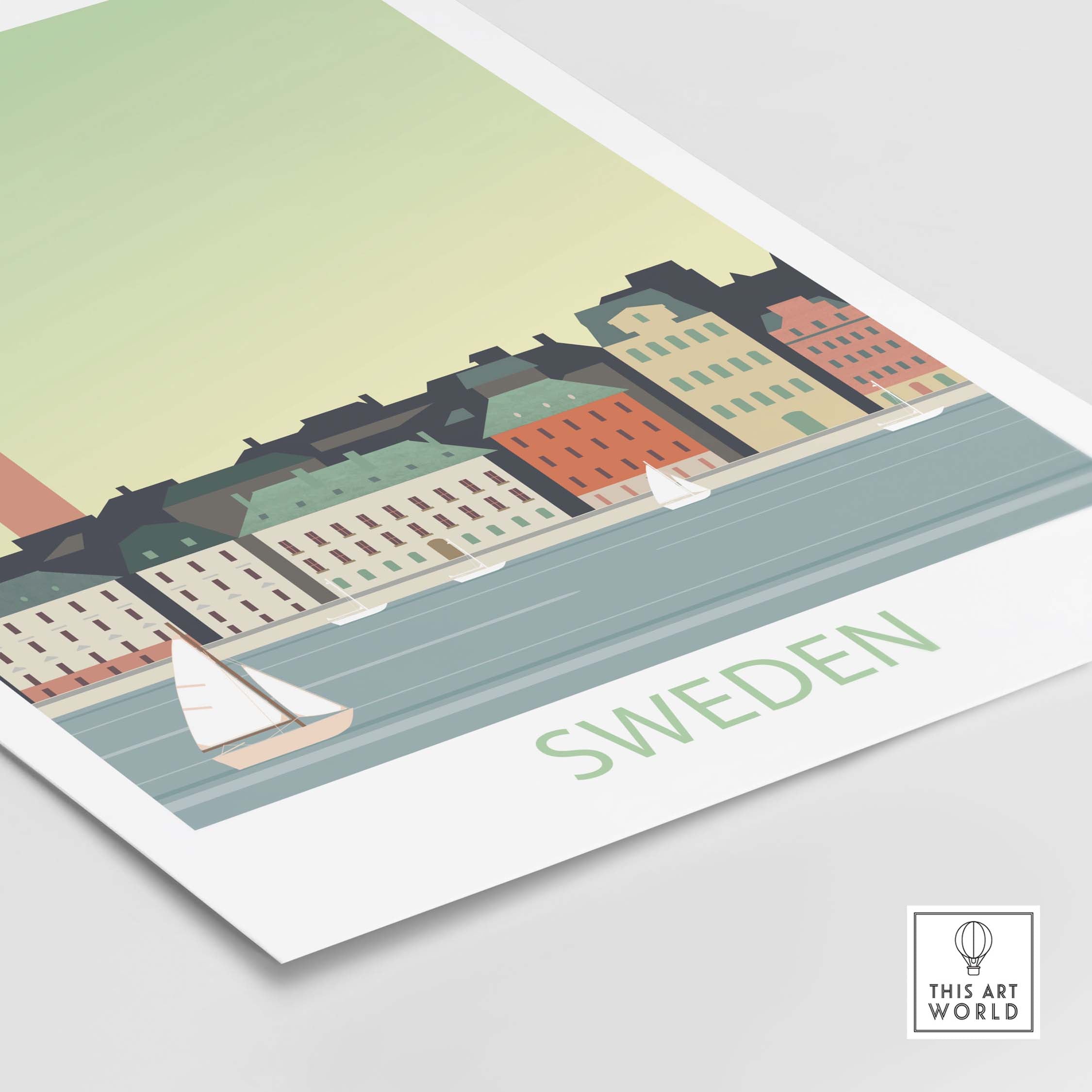 Minimalist Sweden poster print featuring a serene waterfront scene with sailboats and colorful buildings.
