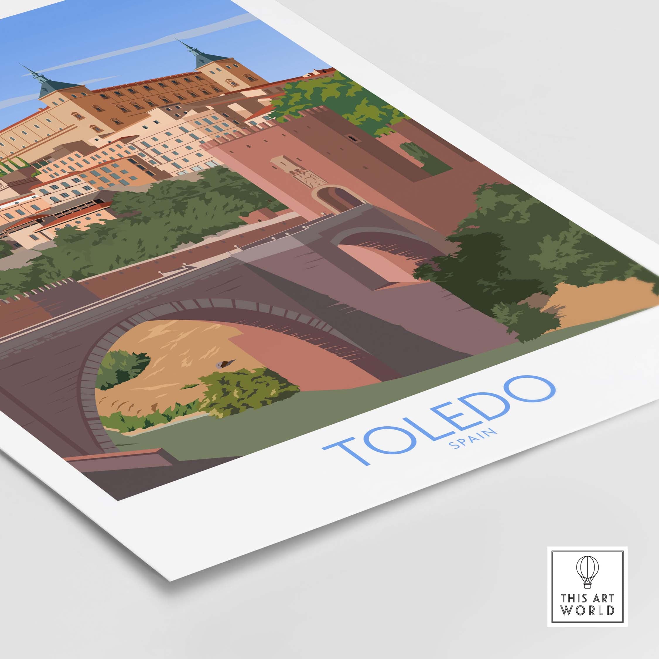 Toledo Wall Art Print, vintage style travel poster featuring Toledo, Spain with minimalist design.