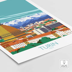Turin Wall Art Print featuring vintage-style illustration of Turin, Italy, with mountains in the background.