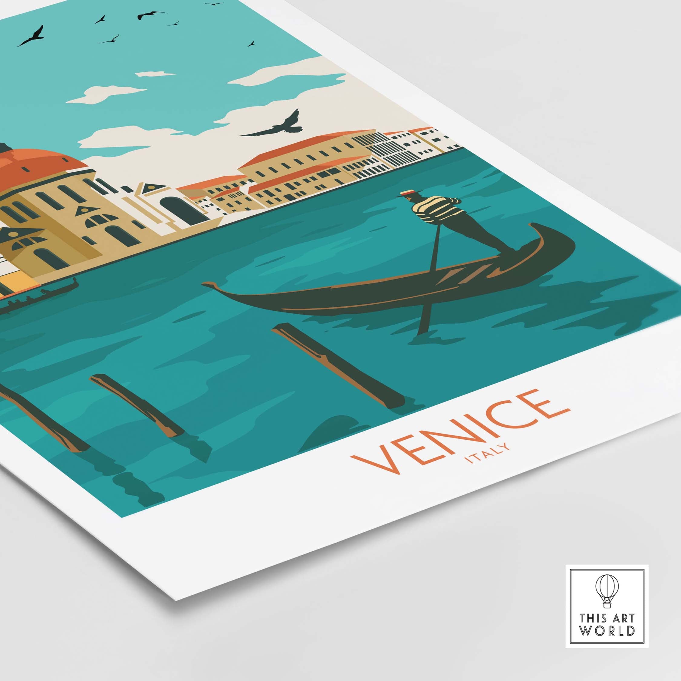 Venice Italy poster print featuring a gondola on the water, vibrant colors and vintage design for stylish wall art.