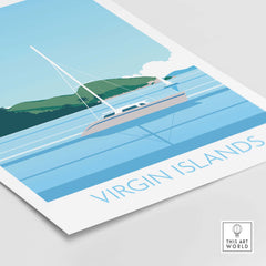 Minimalist Virgin Islands wall art print featuring a sailboat and serene blue waters, perfect for home decor.
