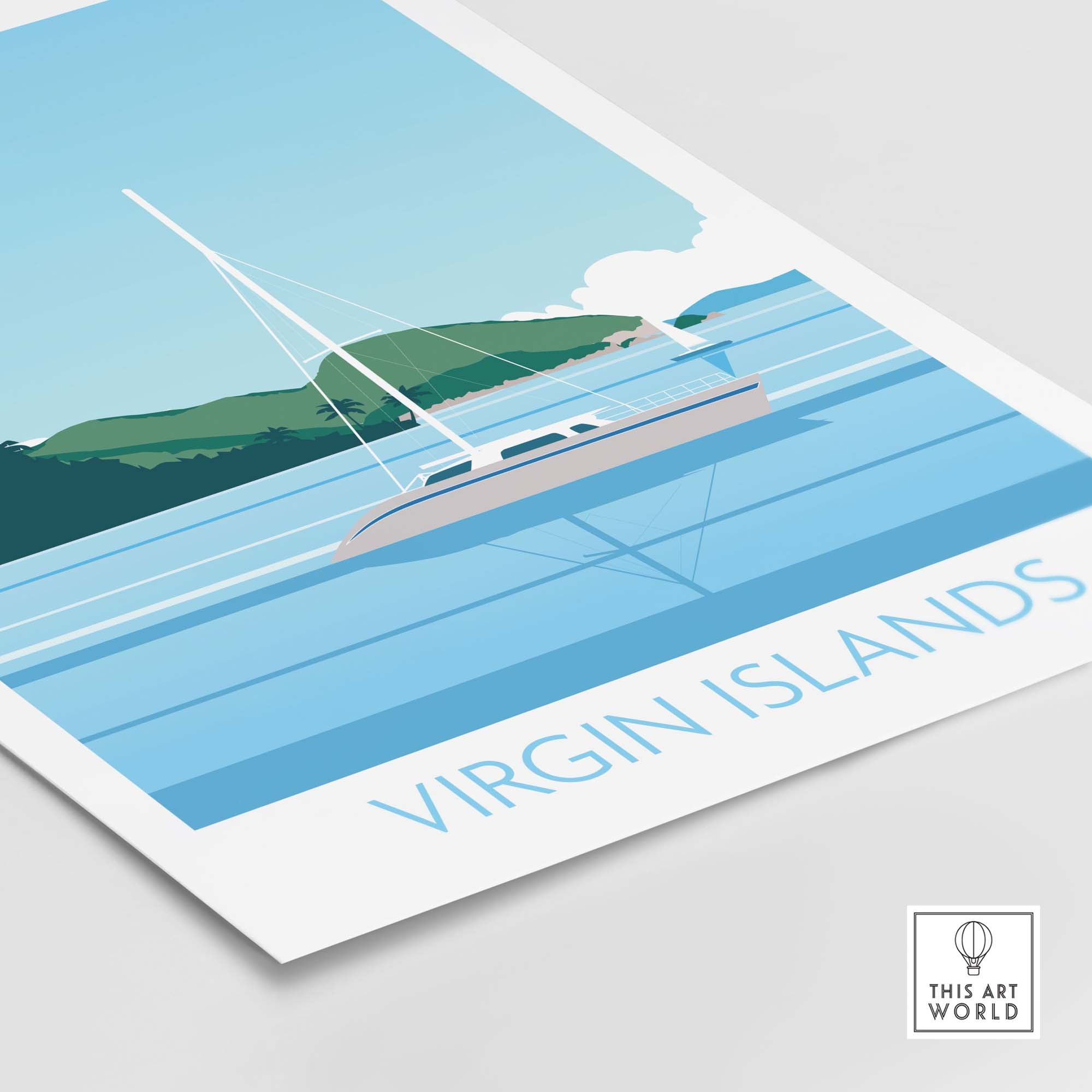 Minimalist Virgin Islands wall art print featuring a sailboat and serene blue waters, perfect for home decor.