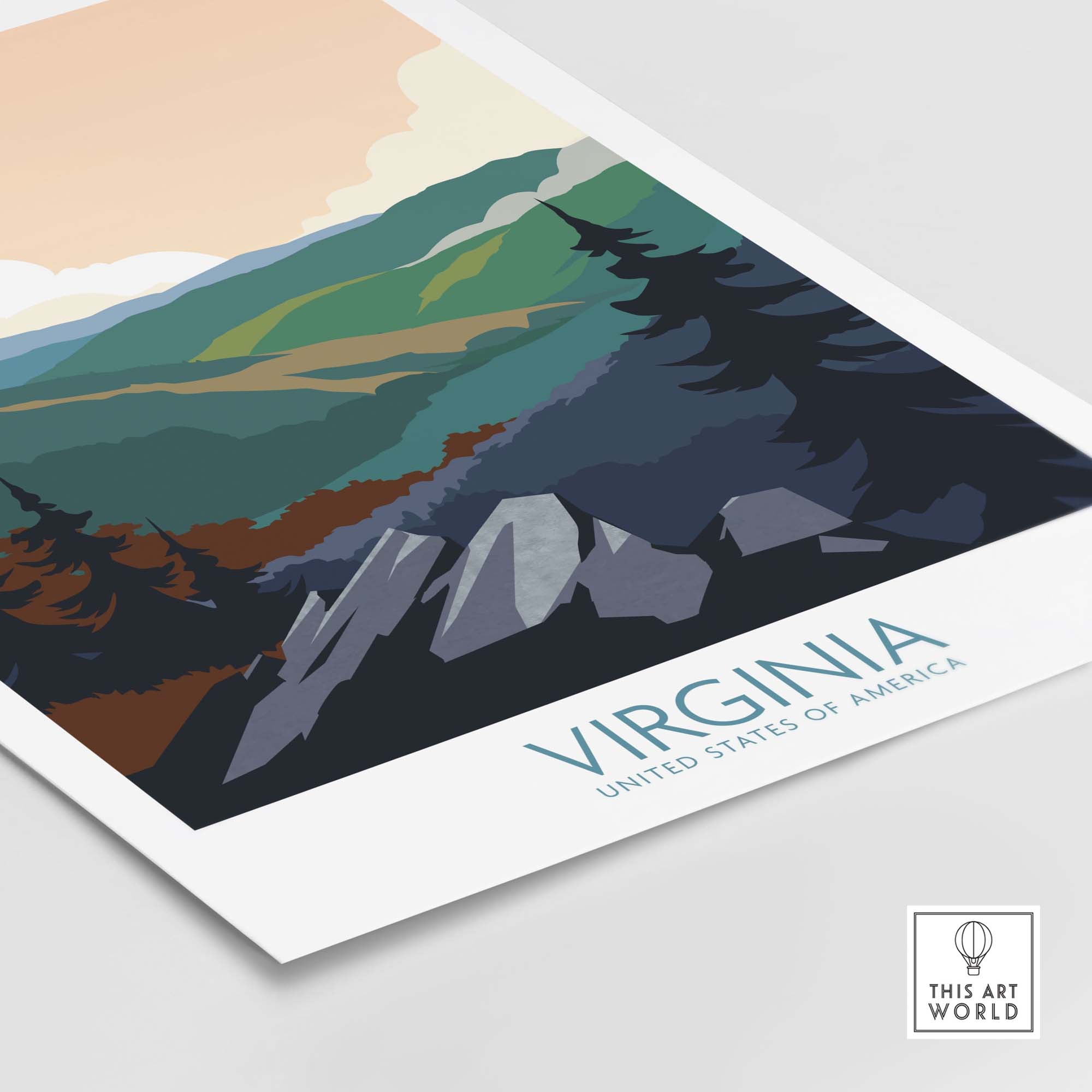 Virginia wall art print showcasing a minimalist landscape of mountains and forests in vintage travel poster style.
