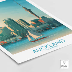 Auckland Wall Art Print showcasing the iconic skyline and harbor of New Zealand in a vintage-inspired design.