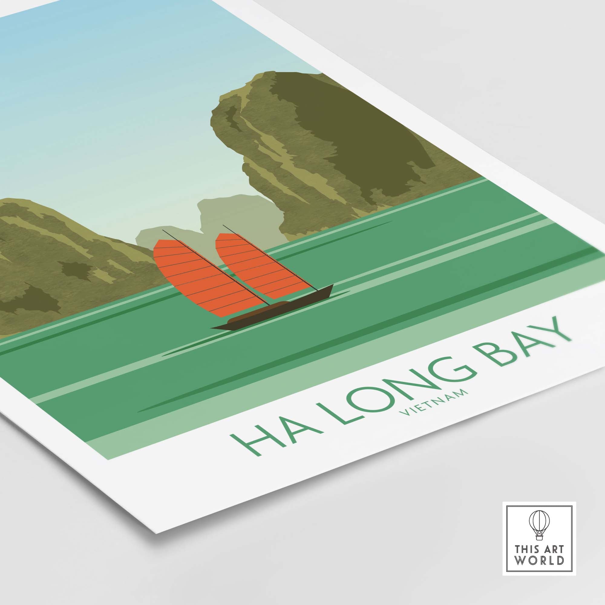 Minimalist Ha Long Bay print featuring a boat with red sails and lush landscape, perfect for travel lovers.