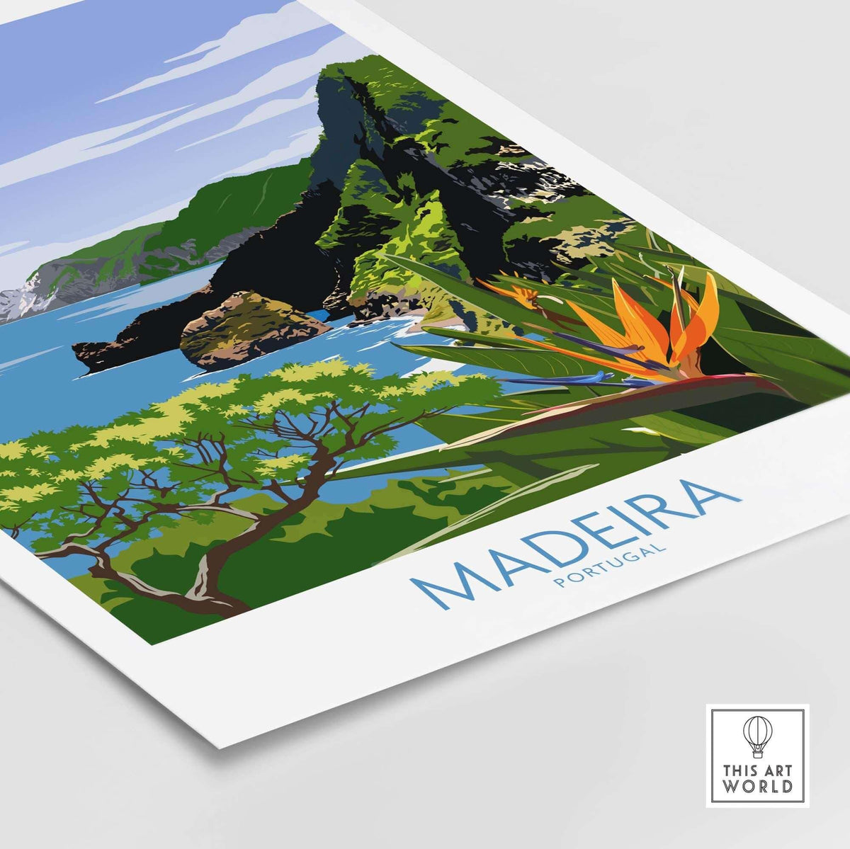 Madeira Print Portugal poster featuring vibrant landscapes and tropical plants in a minimalist vintage style.