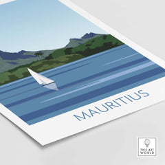 Mauritius print poster featuring a minimalist design with a sailboat on calm waters and lush hills in the background.