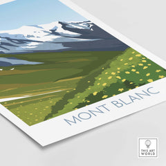 Mont Blanc Print featuring minimalist vintage-inspired artwork of mountains and green fields.