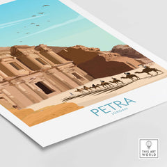 Petra Wall Art Print featuring the iconic Treasury in Jordan with camels, in a minimalist vintage style.