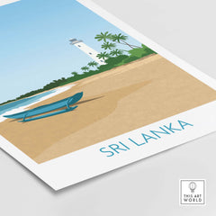 Sri Lanka wall art print featuring a beach scene with a lighthouse and blue boat in a minimalist style.