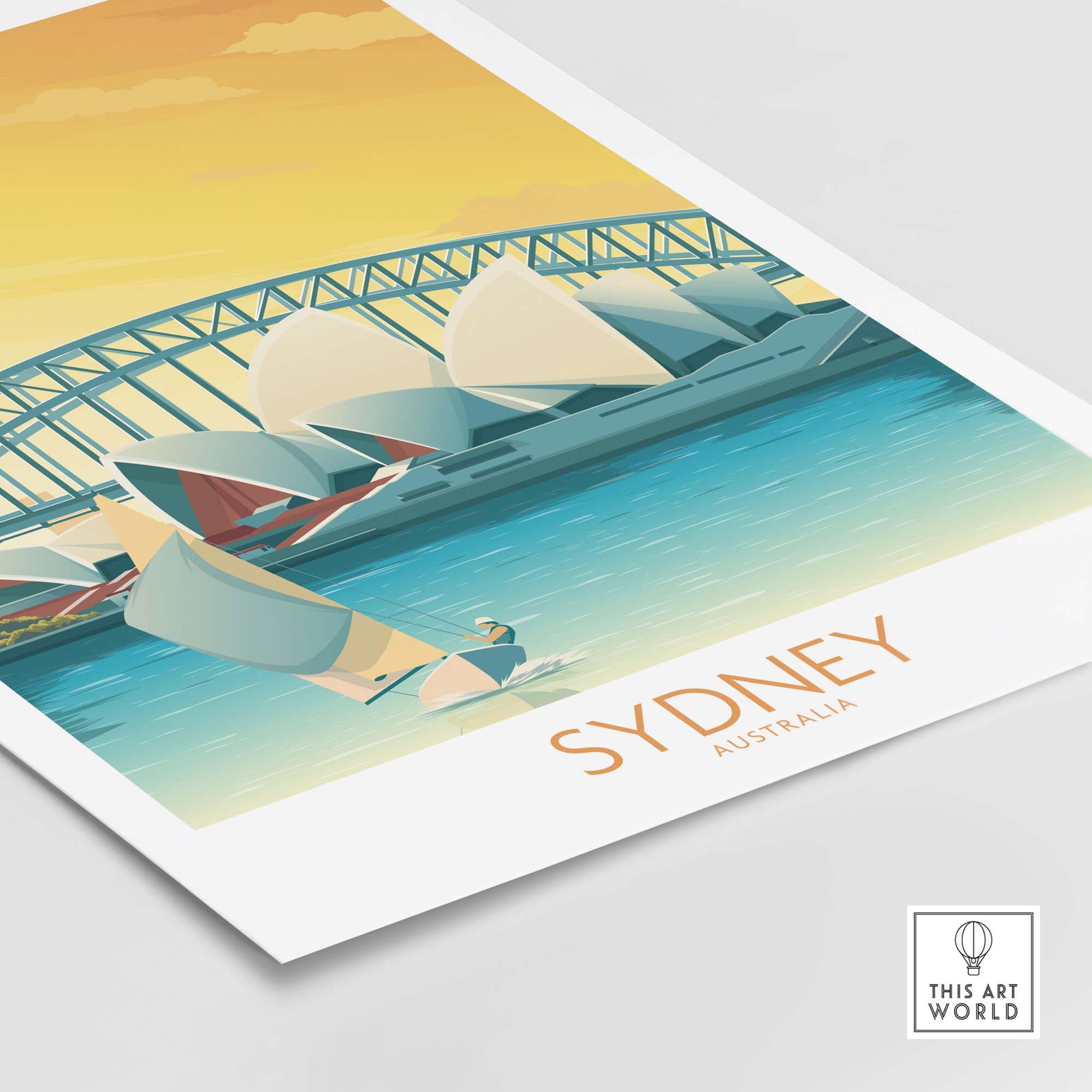 Sydney Australia poster featuring the Opera House and sailboats, stylish wall art for home or office decor.