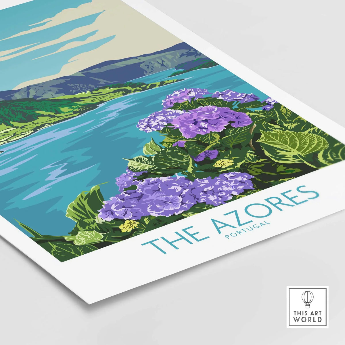 The Azores wall art print featuring vibrant flowers and landscape, inspired by vintage travel posters.