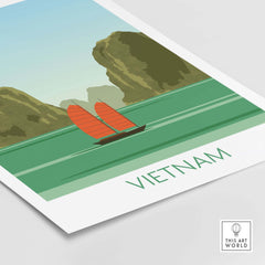 Vietnam travel poster featuring a traditional boat with red sails and serene landscape, perfect for home decor.