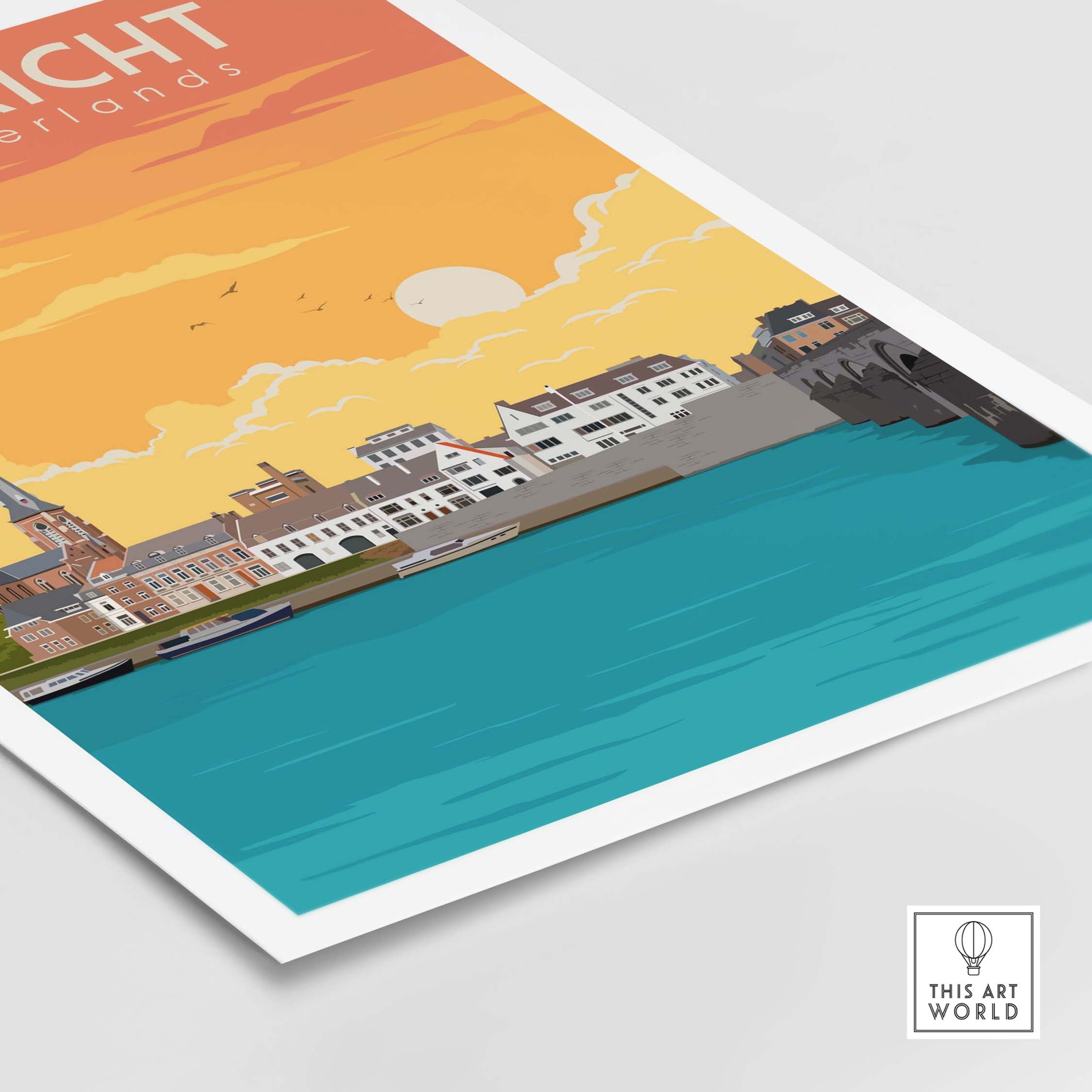 Maastricht Print poster showcasing a vibrant sunset over the river, capturing Dutch architecture and scenic beauty.