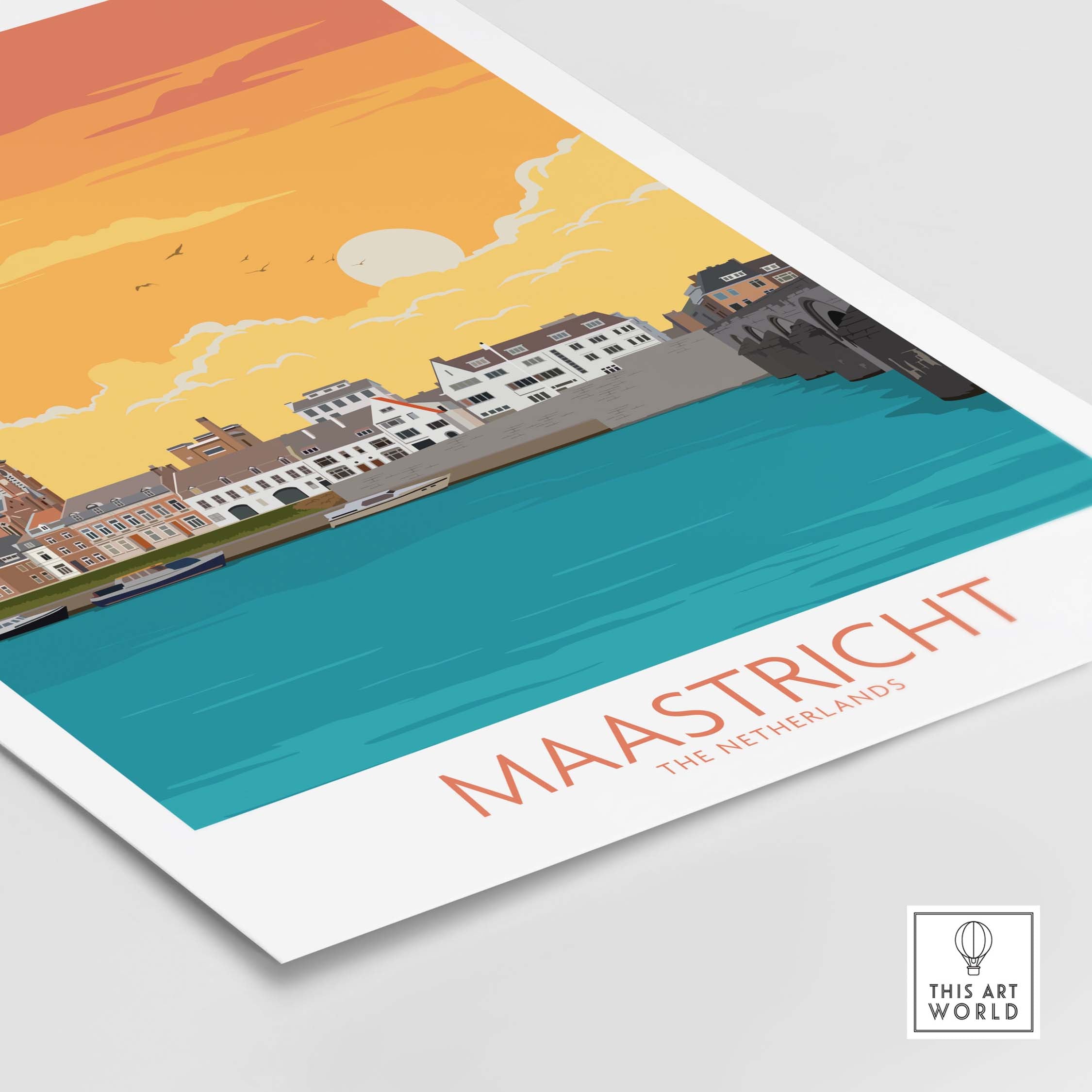 Maastricht travel poster featuring a vibrant sunset and scenic river views of the Netherlands.