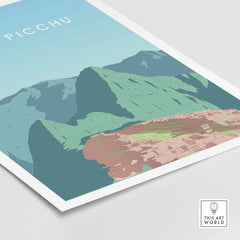 Machu Picchu Print Wall Art Poster featuring vintage-style illustration of iconic Peruvian mountains.