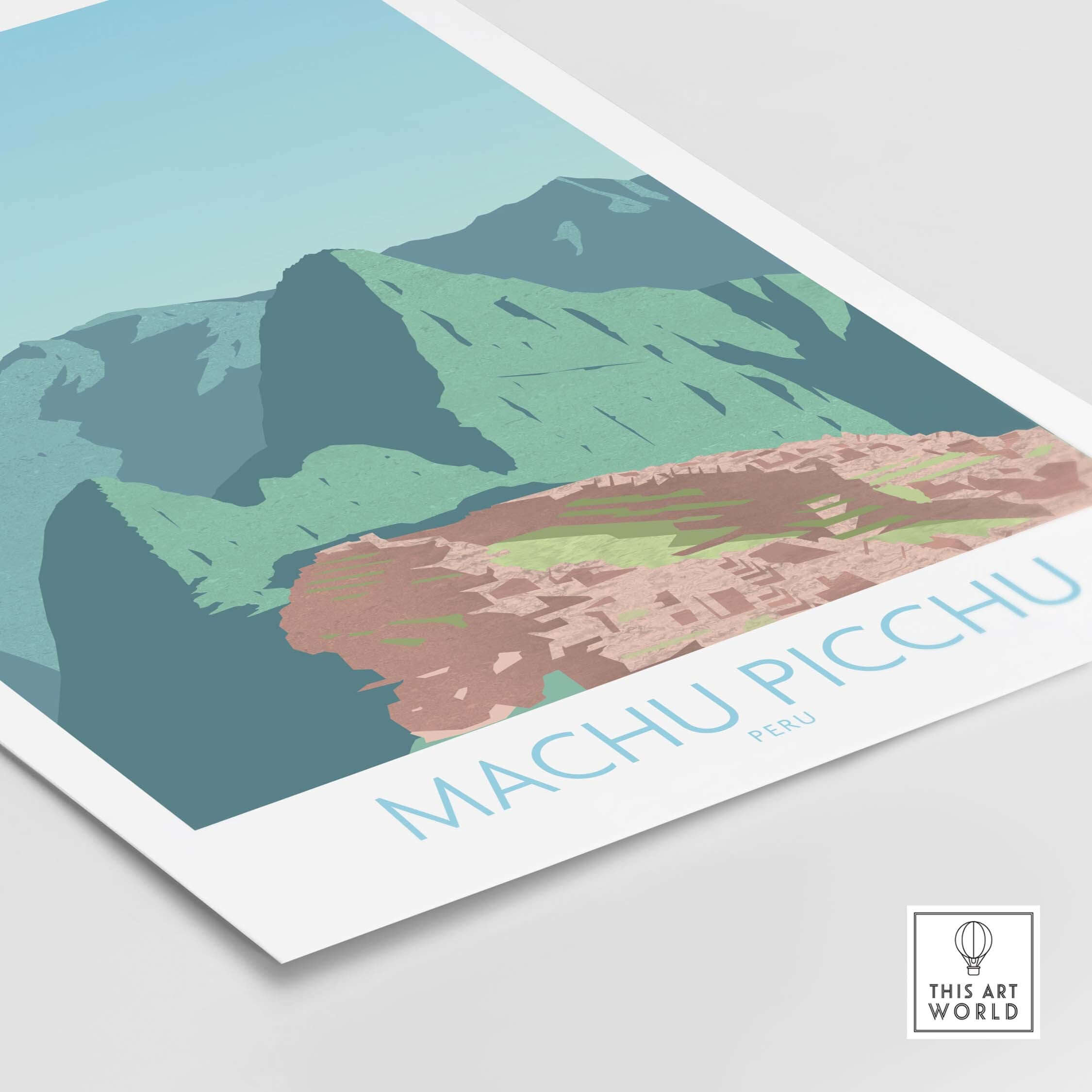 Machu Picchu print showcasing vintage-inspired travel art featuring Peru's iconic landscape.