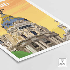 Vintage Madrid poster wall art featuring Metropolis building with a vibrant sunset backdrop.