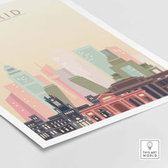 Madrid Skyline Print showcasing city skyscrapers in warm pastel tones, perfect for stylish wall art decor.