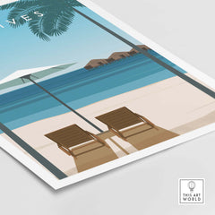 Maldives poster showcasing serene beach with two lounge chairs, palm trees, and clear blue waters for a perfect vacation vibe.